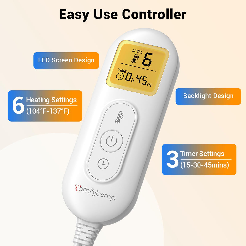 Comfytemp six-heat-settings control panel offers customizable comfort sessions.