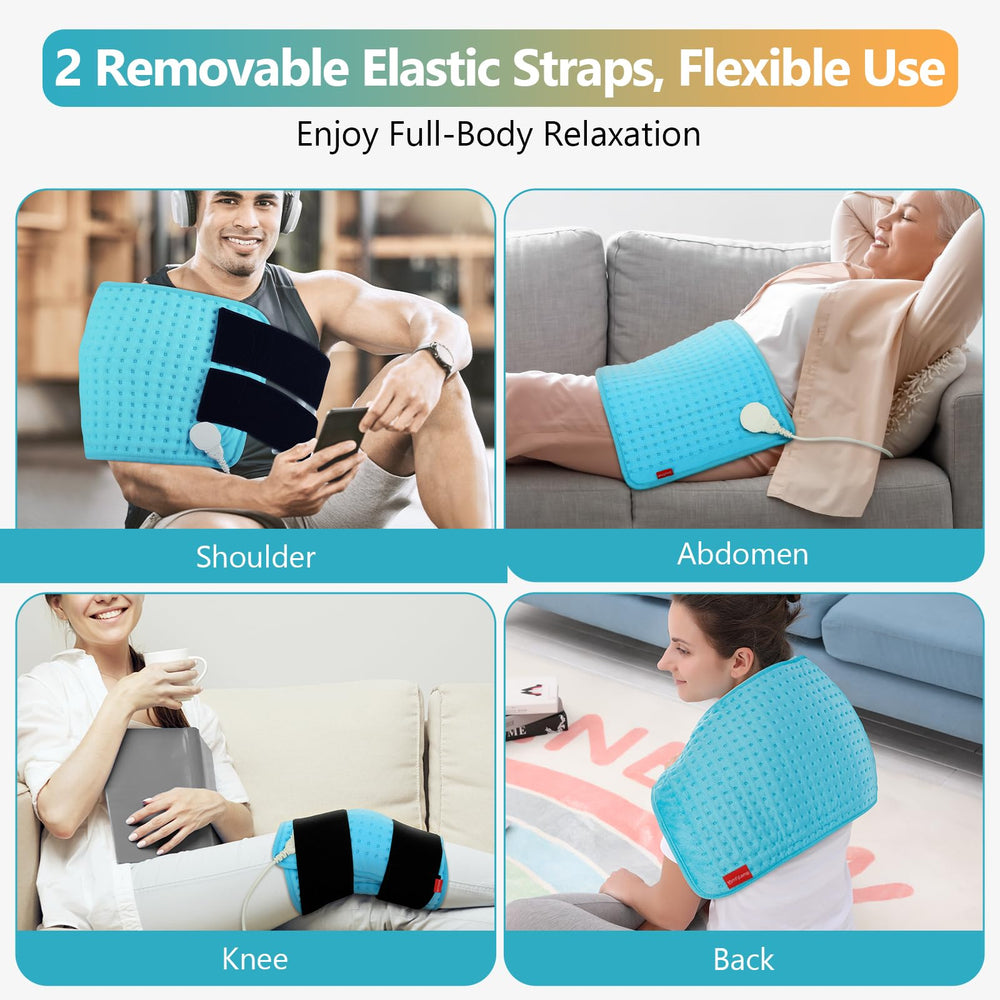 Comfytemp wearable heating pad with elastic straps secures hands-free warmth.