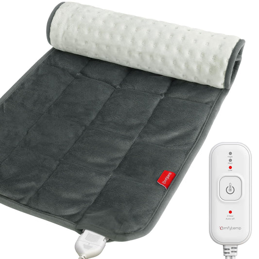 Comfytemp weighted heating pad on neck-shoulder for calming warmth and targeted relief.