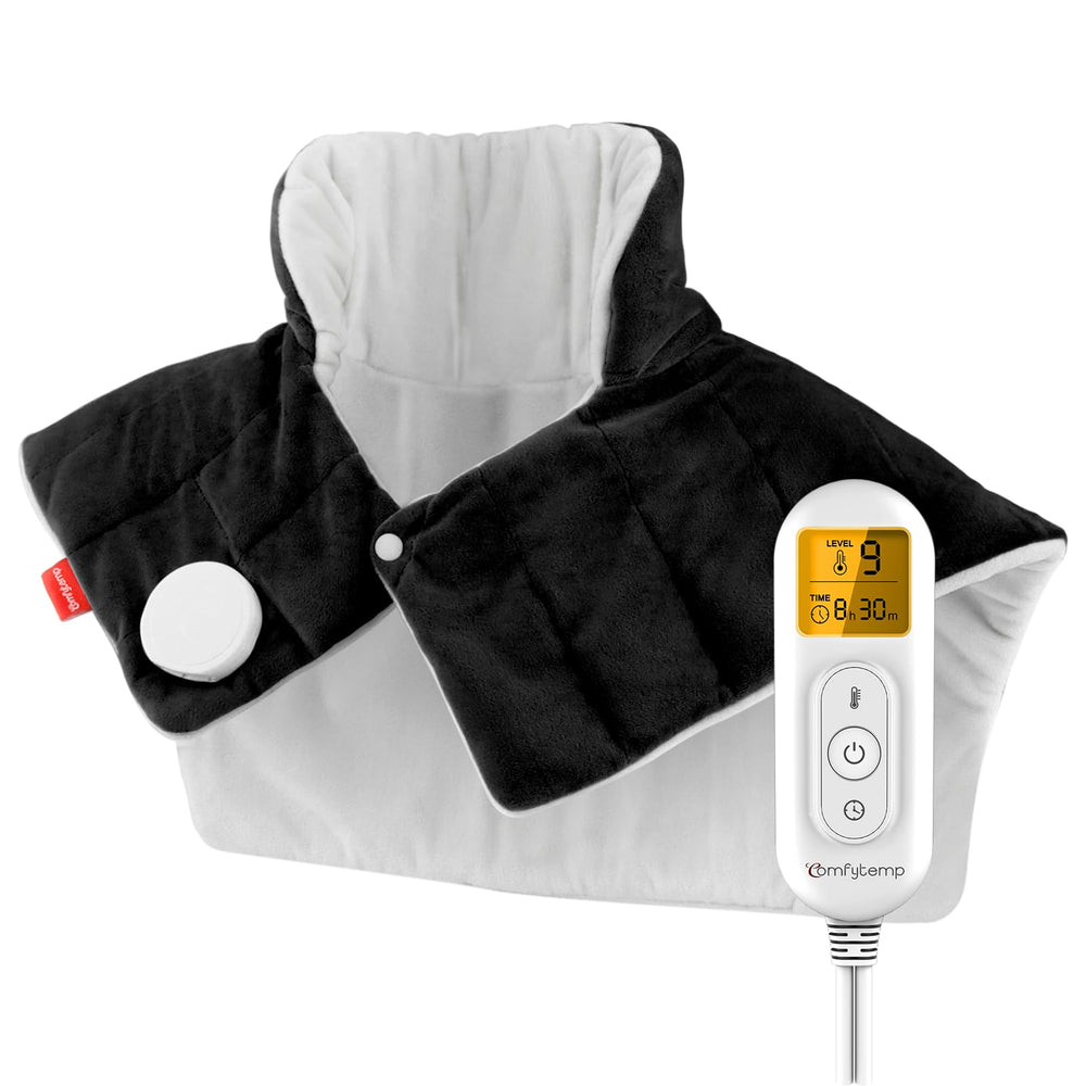 Comfytemp weighted heating pad hugs neck, shoulders, and back for soothing warmth.