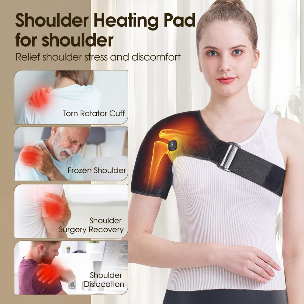 COMFYTHERA shoulder wrap displays two heat settings for adjustable comfort.