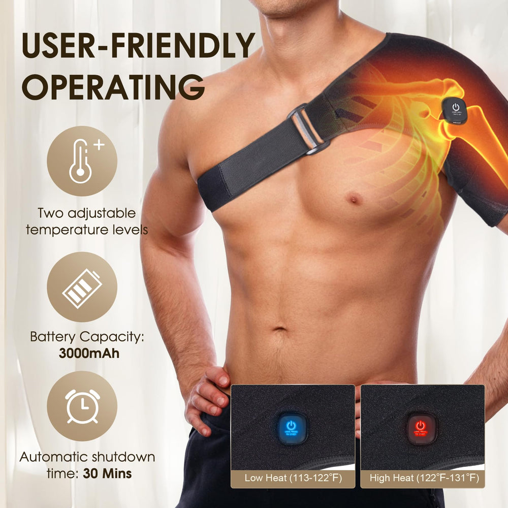 COMFYTHERA wrap worn on the right shoulder for comfortable warmth at home.