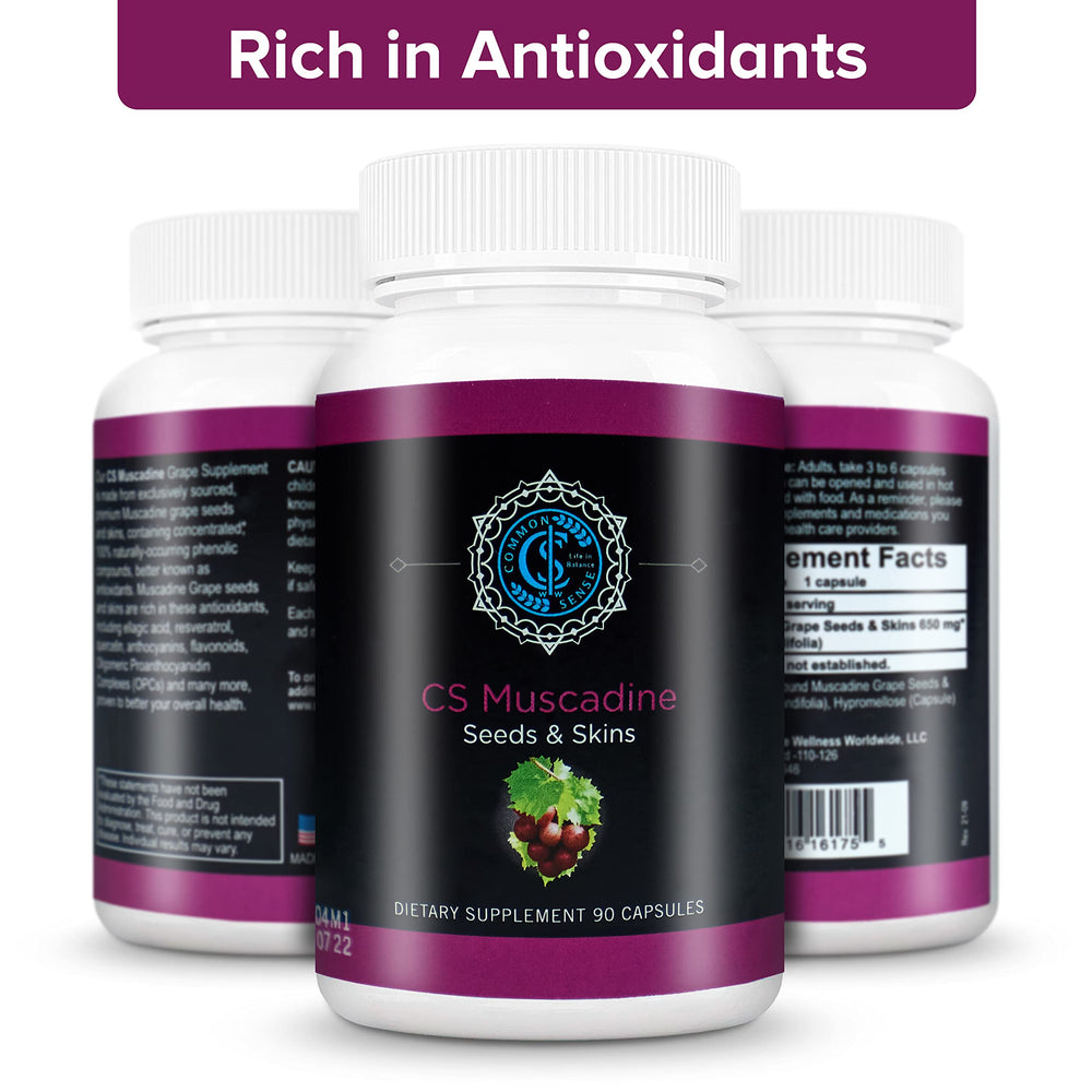 Common Sense Pure Muscadine seeds and skins close-up showing natural ingredients and polyphenols