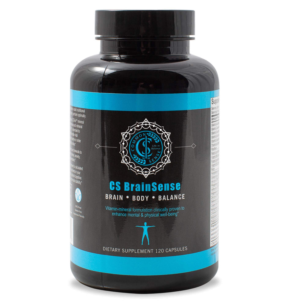 BrainSense bottle front by Common Sense Wellness Worldwide showing mood support for daily focus.