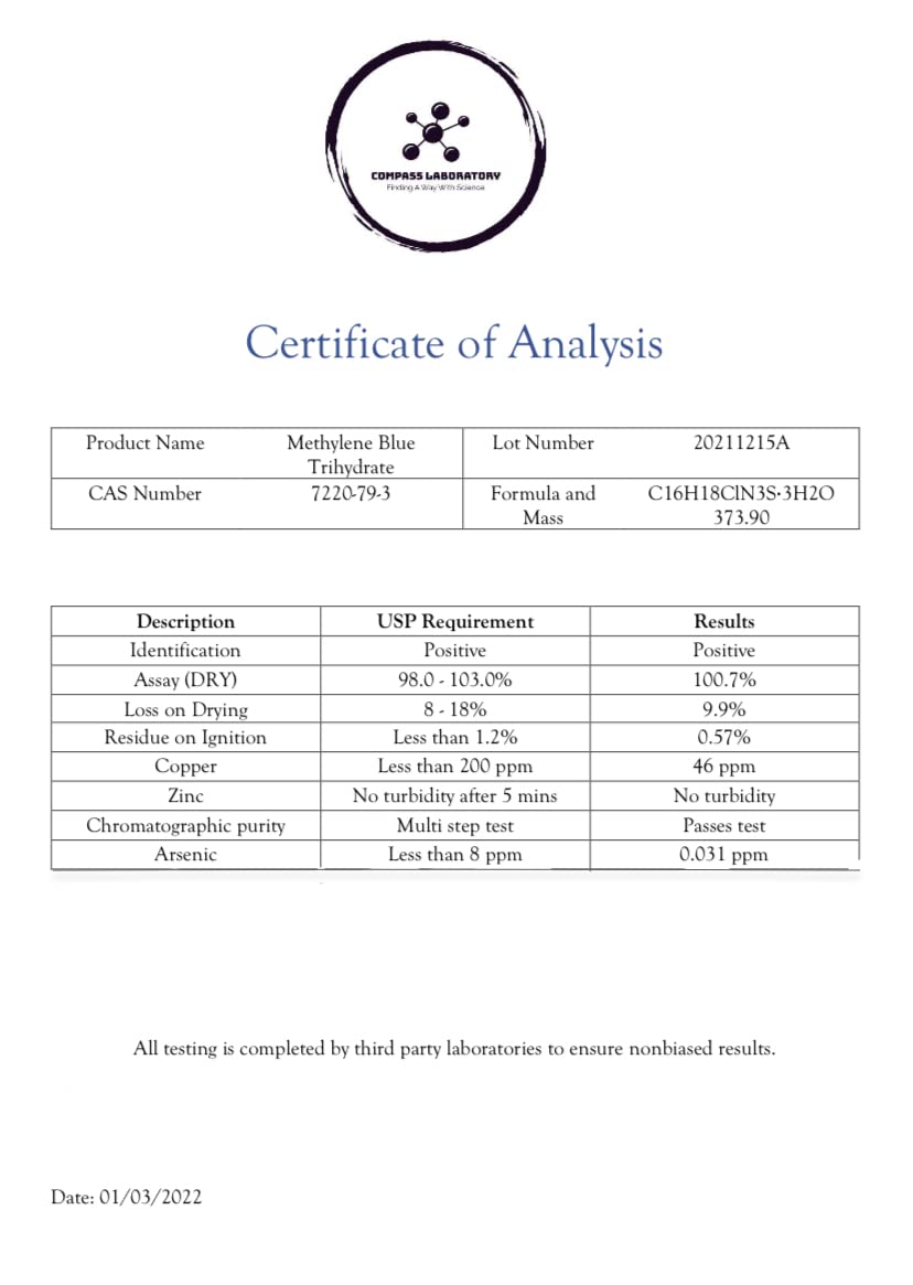 COMPASS LABORATORY Methylene Blue glass packaging preserves potency without plastic contact.