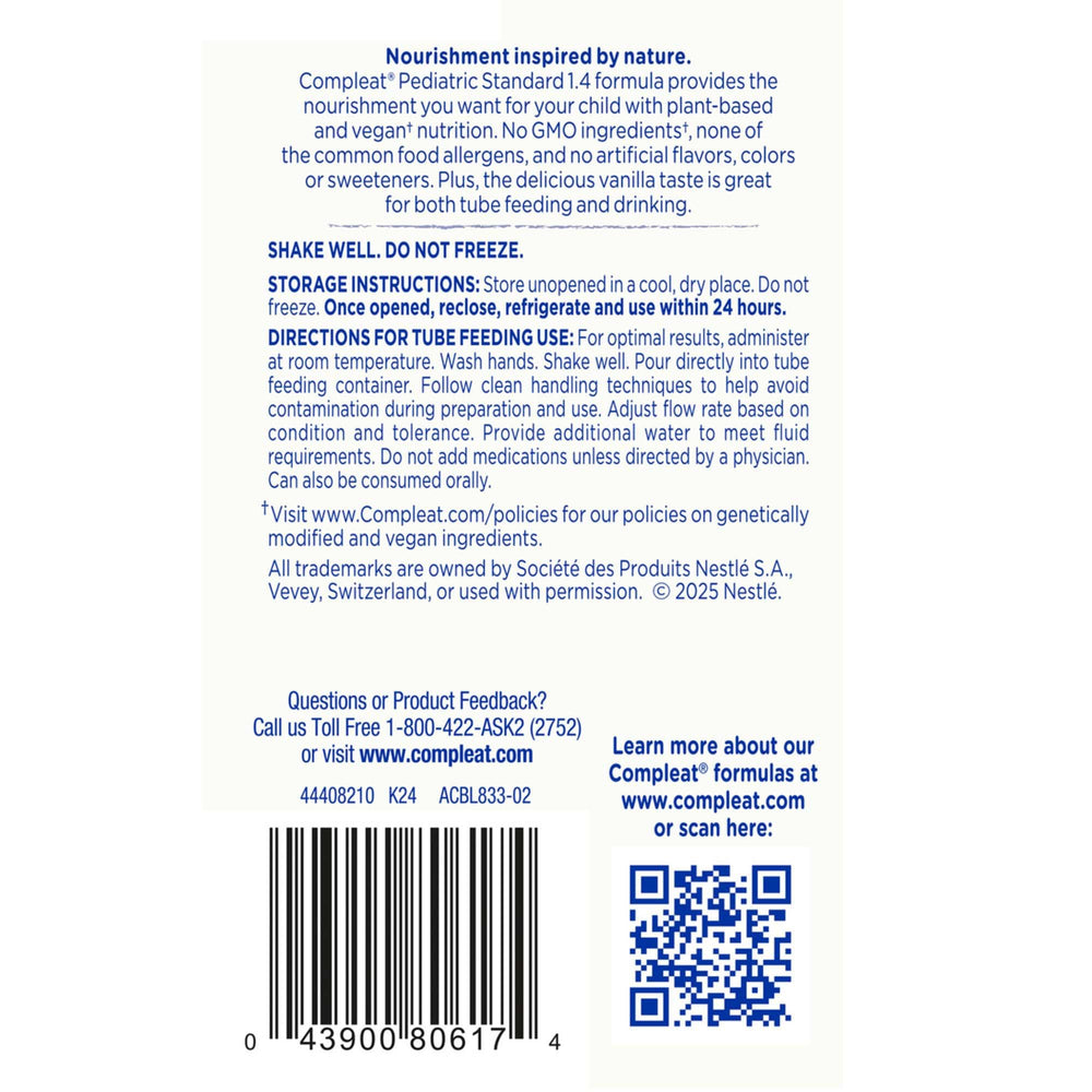 Compleat Pediatric Standard 1.4 Cal Vanilla no artificial flavors label.