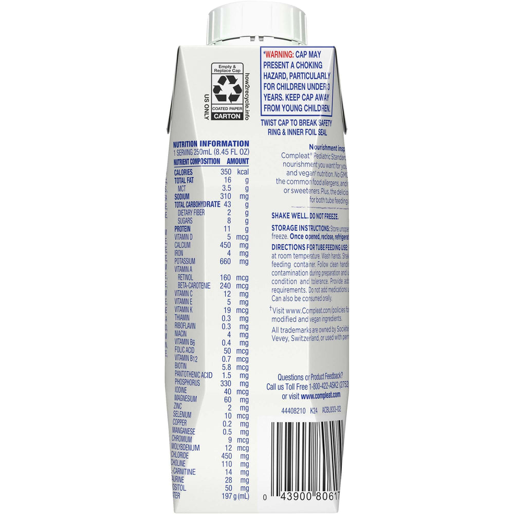 Compleat Pediatric Standard 1.4 Cal Vanilla ingredient panel, pea protein source.