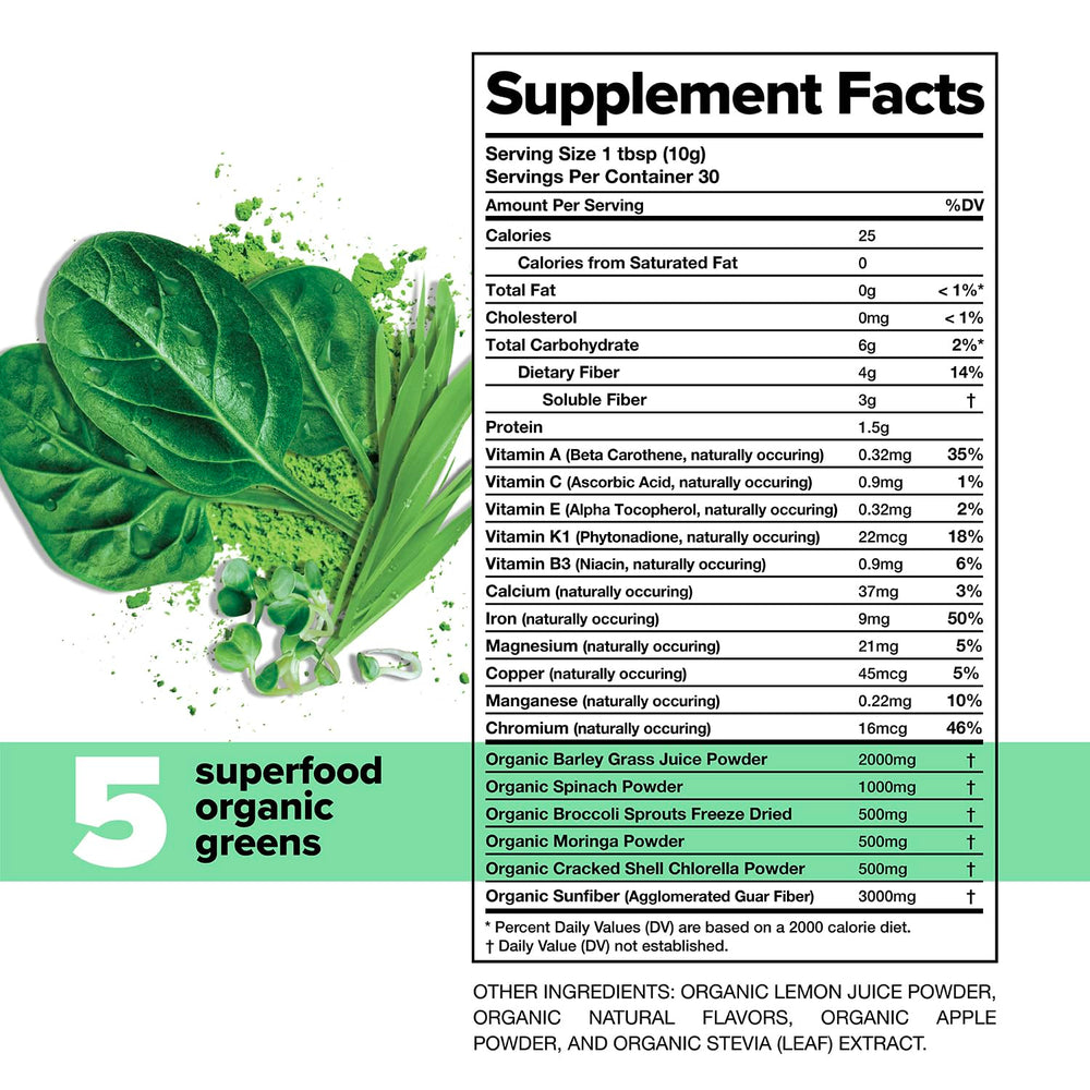 Close-up of Complement Daily Greens Powder organic ingredients label