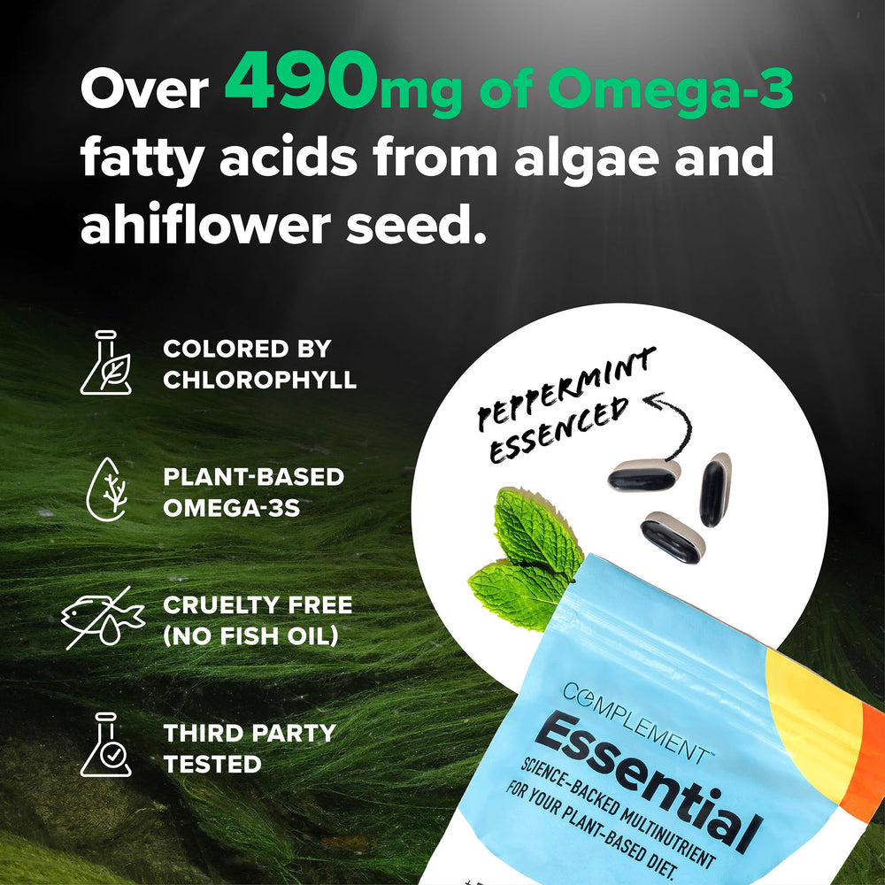 Complement Essential vegan multivitamin vitamin D3 K2 capsules support bone and immune health.