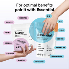 Complement ForHer bottle label closeup shows essential nutrients