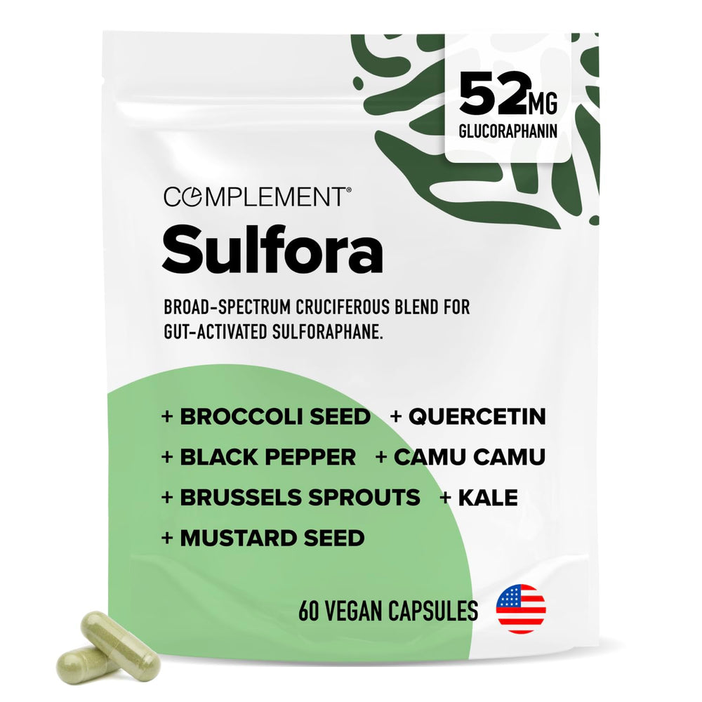 Complement Sulfora bottle pour demonstrates easy daily dosing for detox support.