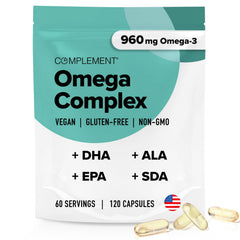 Complement vegan omega-3 bottle with plant-based DHA, EPA, and ALA for daily wellness