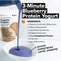 Complement vegan protein powder scoop demonstrates convenient serving size for recipes.