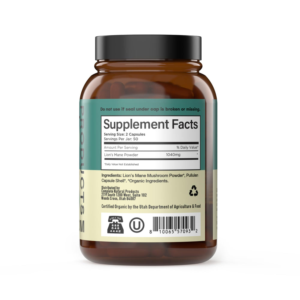 Complete Natural Products Lion's Mane capsules packaging, USA-made quality for premium mushroom supplementation.