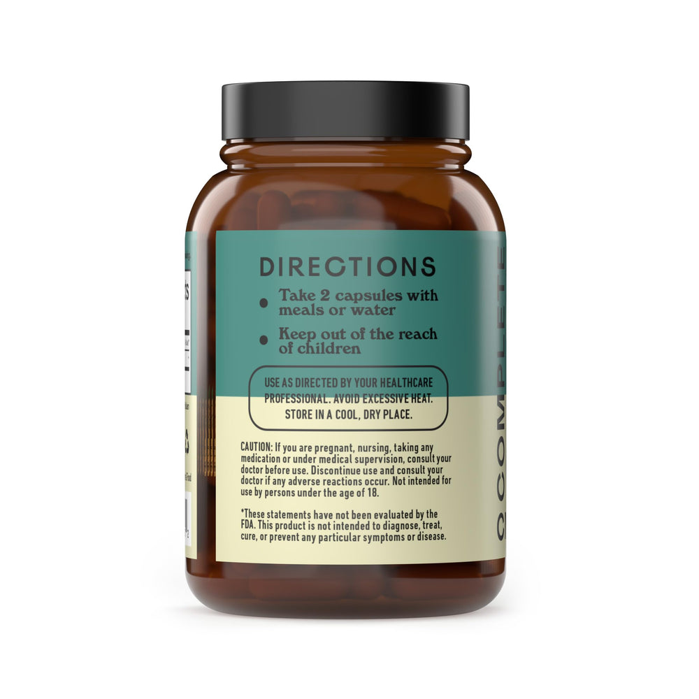 Complete Natural Products Lion's Mane capsules pills view highlighting plant-based delivery for clean nutrition.
