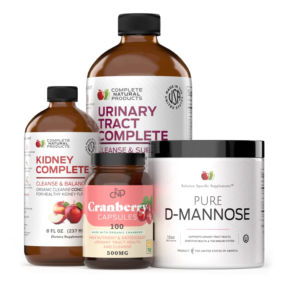 Complete Natural Urinary Tract Bundle bottle front highlights organic, kosher formula for urinary health.