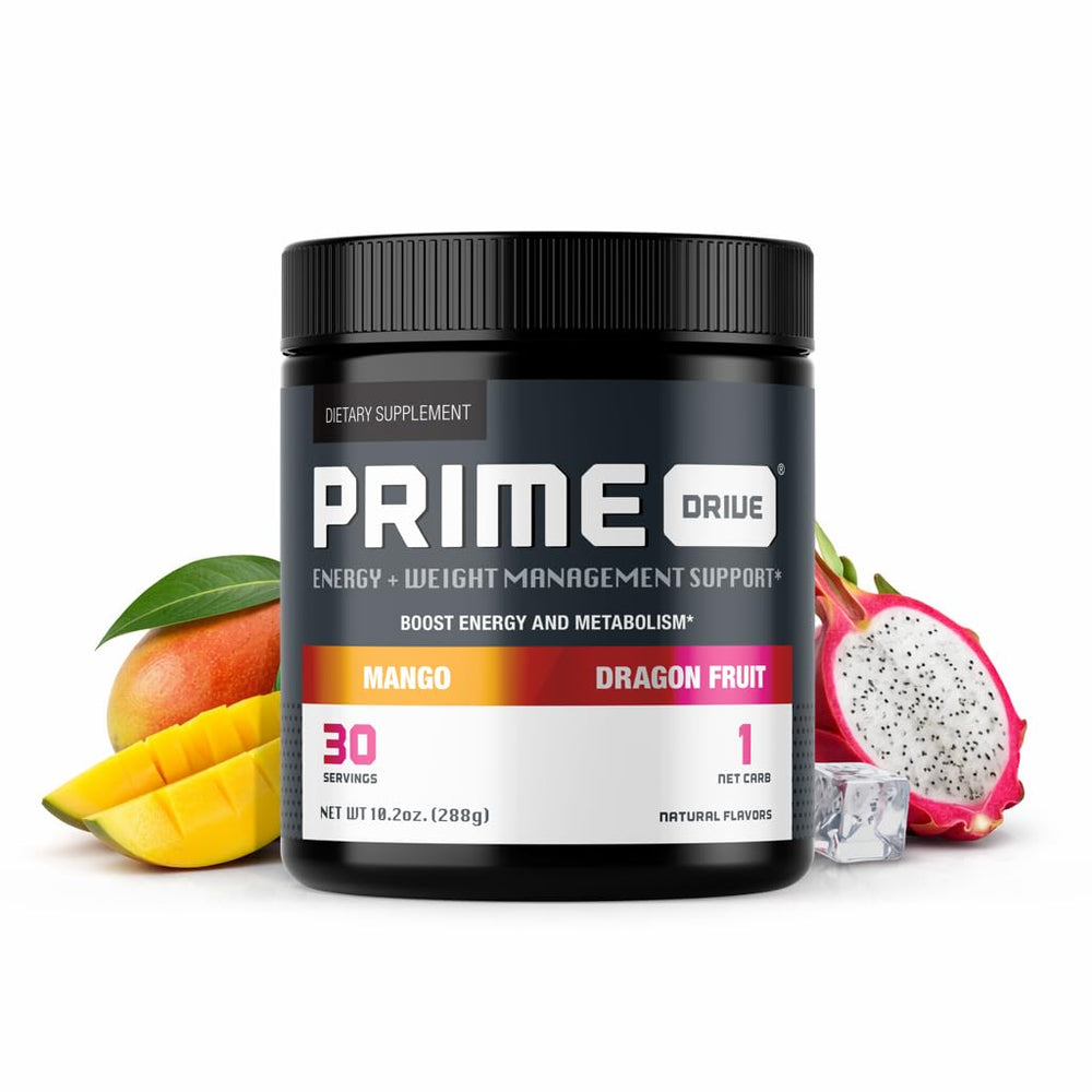 Prime Drive Energy Strawberry Melon tub showing label for energy and focus.