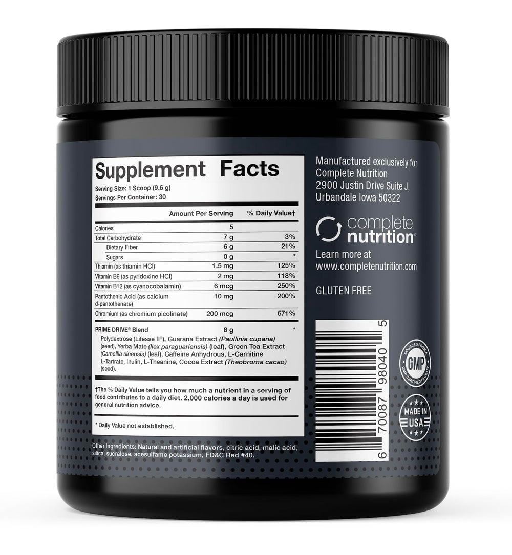 Close-up of Prime Drive label detailing low-carb energy support.