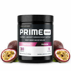 Complete Nutrition Prime Drive Tropical Passion tub with scoop, energizing flavor for workouts.