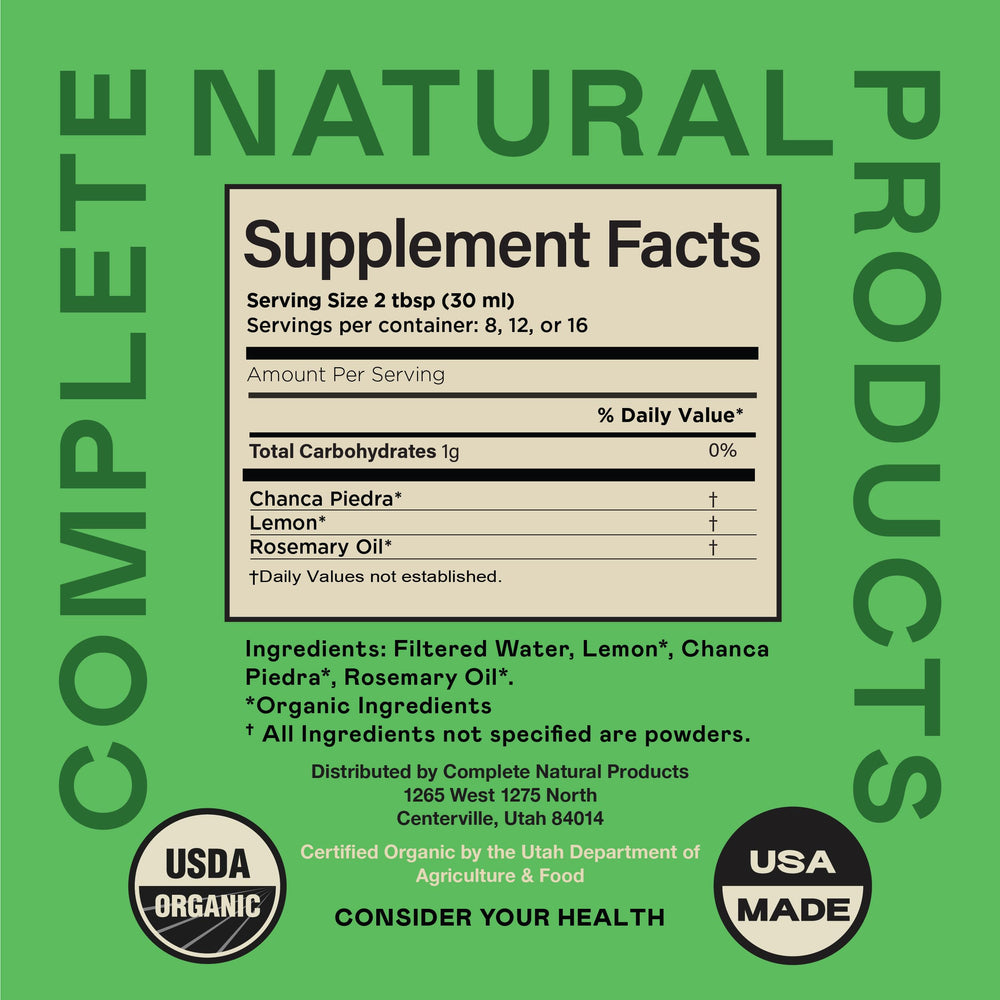 Chanca Piedra concentrate bottle from Complete Natural Products showing cold-pressed extraction.
