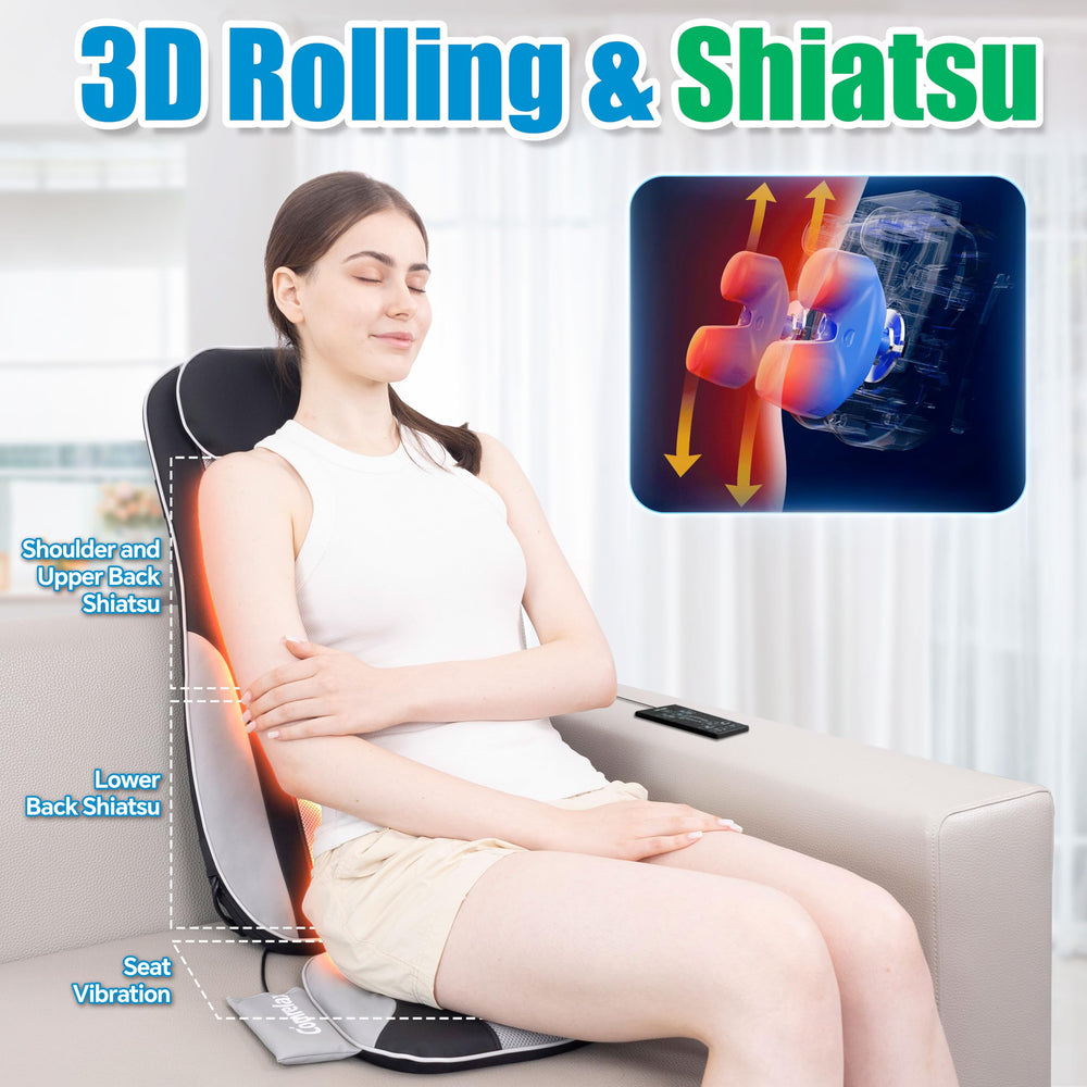 Comrelax Shiatsu rollers provide deep kneading along the spine for tension relief.