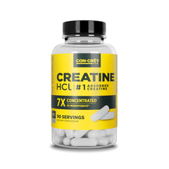CON-CRET Creatine HCl capsules in bottle for clean energy support.