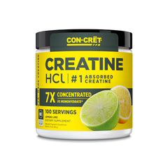 CON-CRET Creatine HCl powder in lemon lime tub boosts daily energy and training focus.