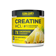 CON-CRET Creatine HCl pineapple packaging highlights USA-made quality and NSF certification.