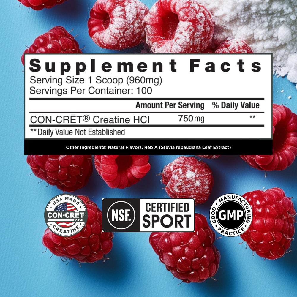 CON-CRET Creatine HCl powder with scoop ready for convenient daily dosing