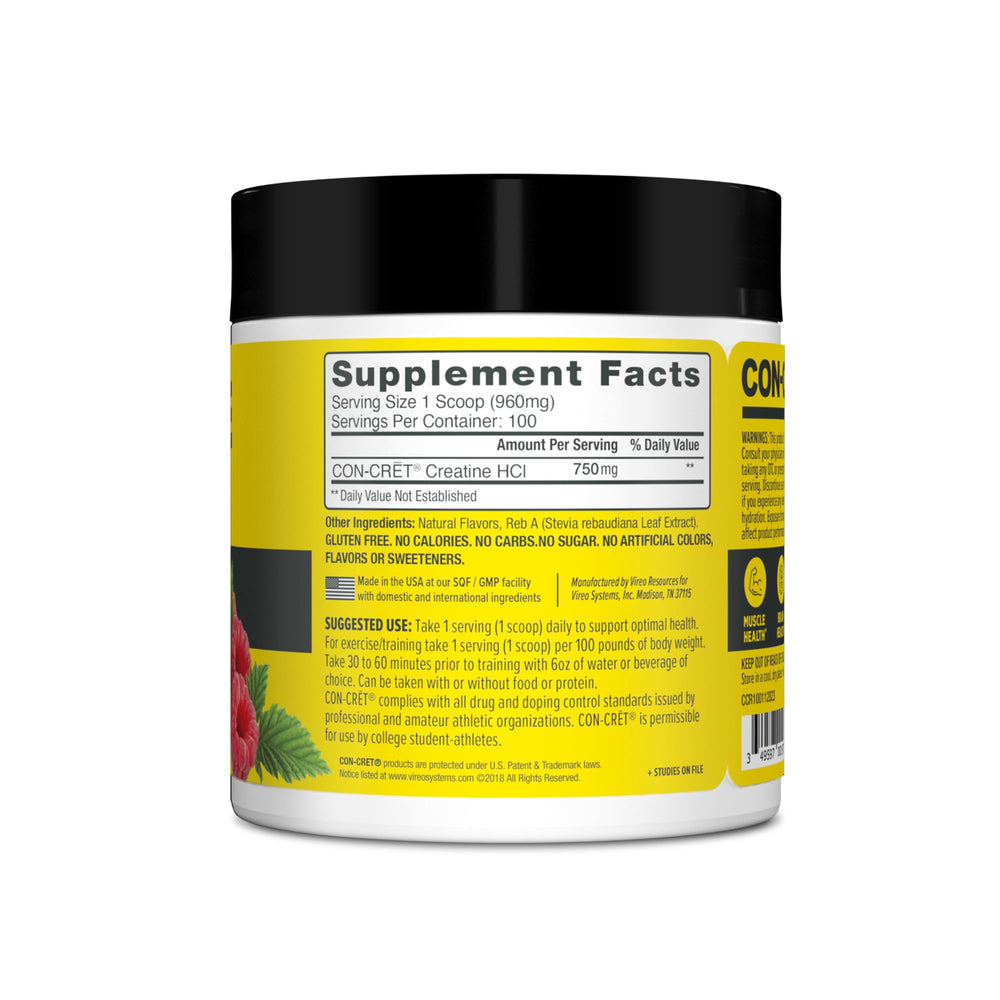 Raspberry-flavored CON-CRET Creatine HCl powder in shaker during workout