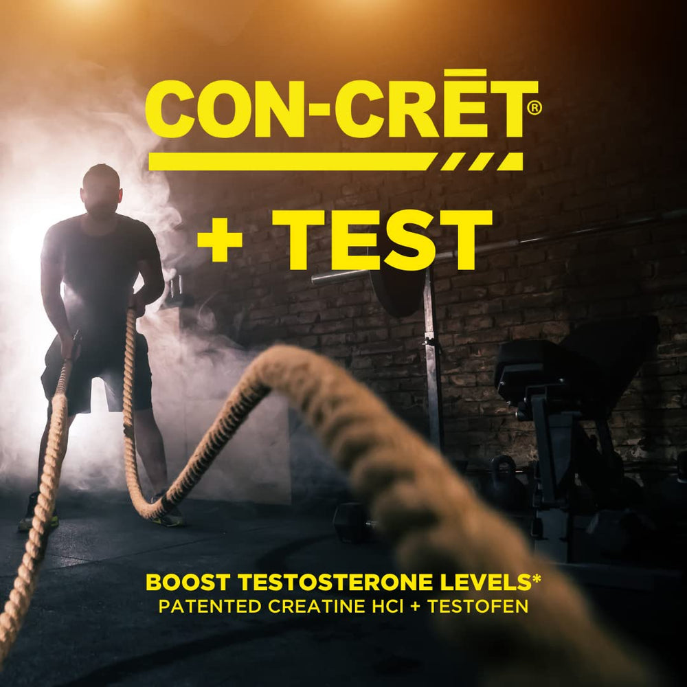 CON-CRET Testofen bottle back with dosing and benefits overview