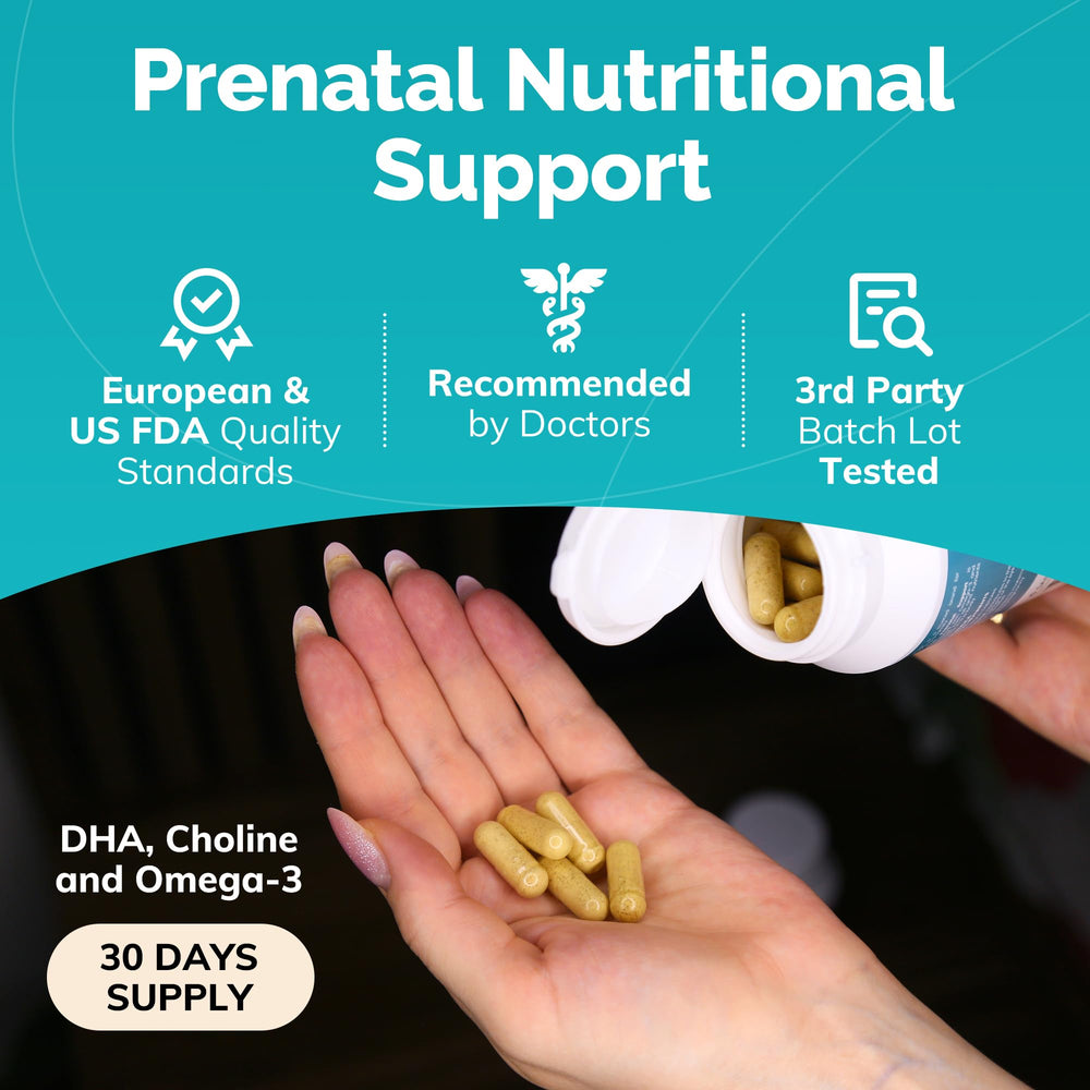 Conceive Plus Prenatal choline capsules visible, supports brain health during fetal development.