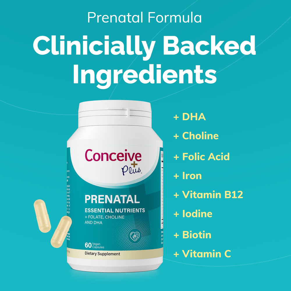 Conceive Plus Prenatal iron tablets shown, gentle iron for maternal blood support.