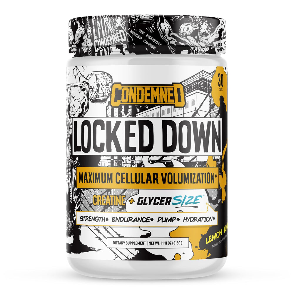 Condemned Labz Locked Down bottle label highlights the creatine blend for peak workouts