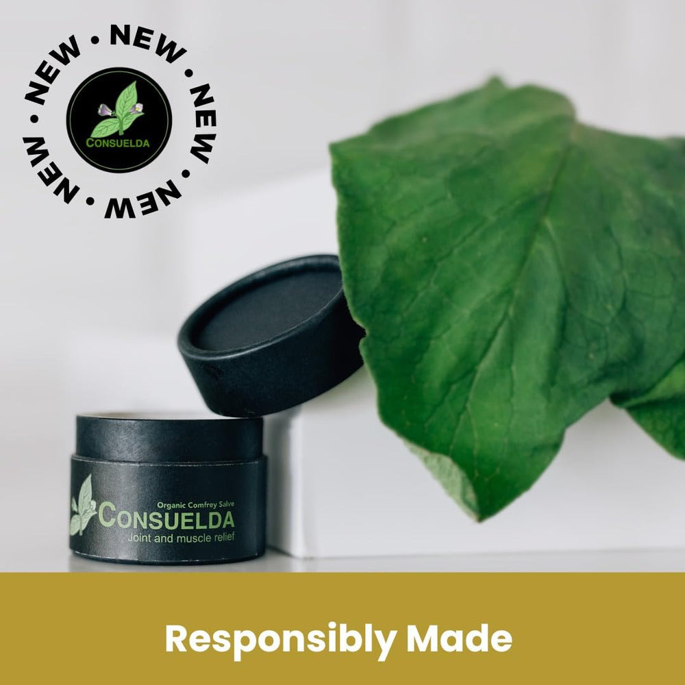 Consuelda Comfrey Salve packaging-flatlay conveys clean, simple plant-based care.