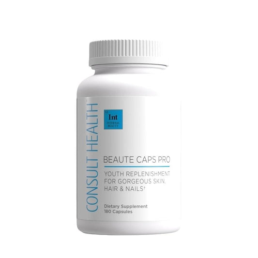 Consult Beaute Caps Pro bottle front with capsules for healthier hair, skin, and nails.