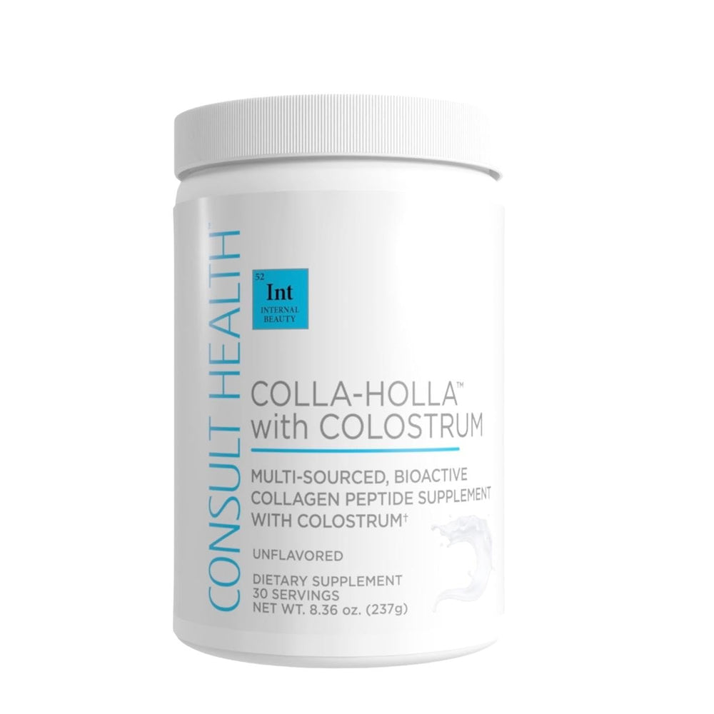 Consult Health Colla Holla tub front highlighting multi-sourced collagen blend for skin support.
