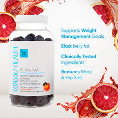 Consult Health ELIMI-Fat gummies closeup highlights citrus flavor and vegan formula.