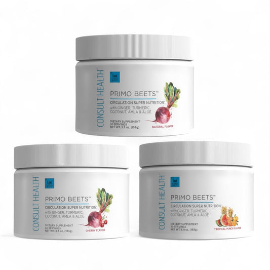 Consult Health Primo Beets cherry bottle shows a flavorful daily circulation support option
