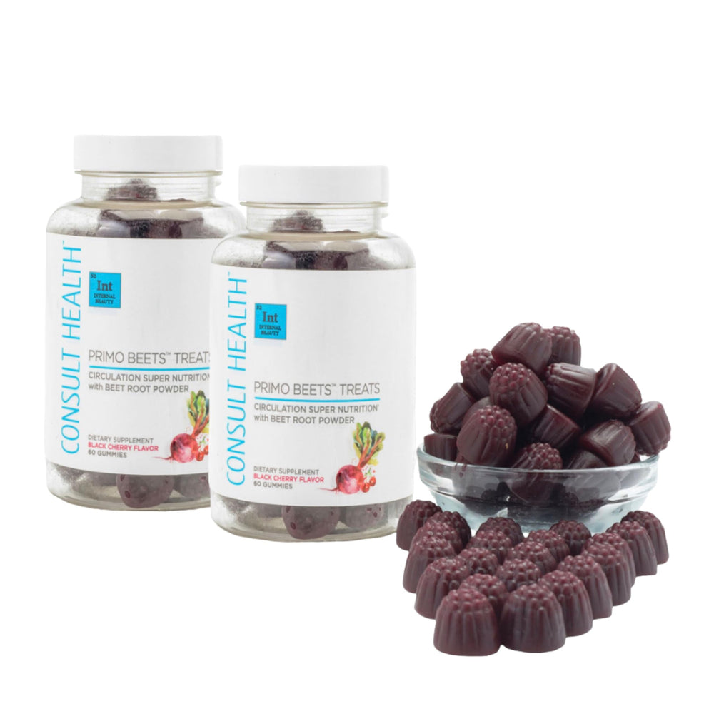 Consult Health Primo Beets Treats duo packaging for daily wellness and potential circulation support.