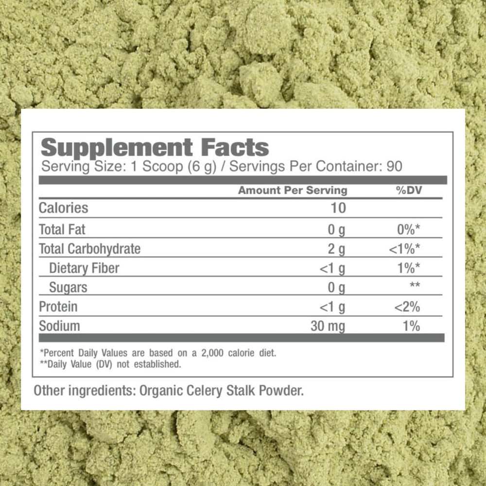 Ingredients panel highlights organic celery and no artificial flavors.