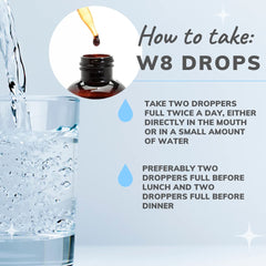 Consult Health W8 Drops bottle beside a breakfast setup suggesting a weight management routine.