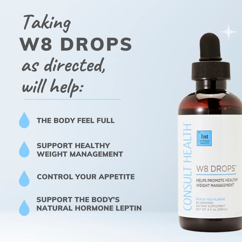 Consult Health W8 Drops label close-up emphasizes metabolism boost potential.