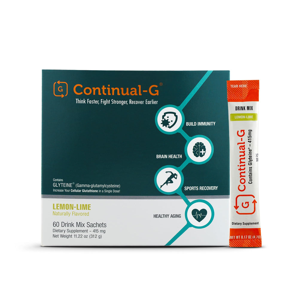 CONTINUAL-G powder bottle front for everyday immune and antioxidant support.