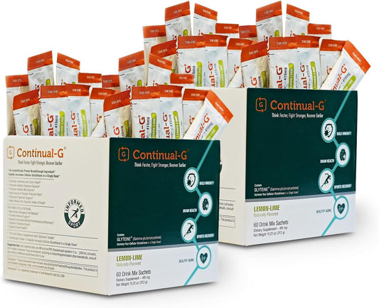 Continual-G powder with a scoop beside the bottle illustrating daily glutathione precursor use.