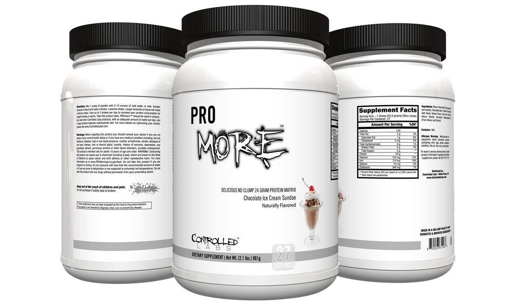 CONTROLLED LABS PROMORE protein bottle shows premium formula for post-workout nutrition.