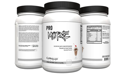 CONTROLLED LABS PROMORE protein bottle shows premium formula for post-workout nutrition.