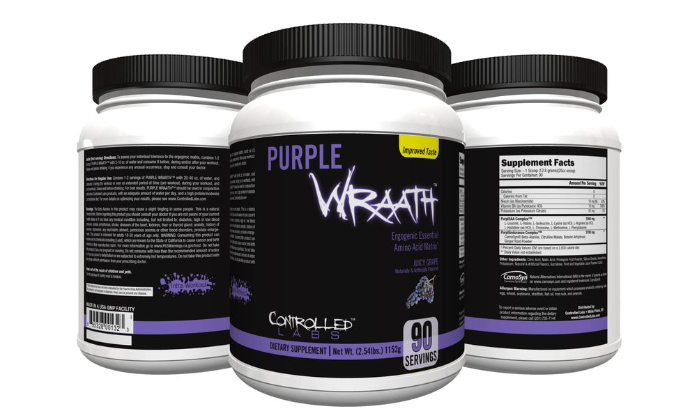 Controlled Labs Purple Wraath 90-serving jar supports endurance during workouts.
