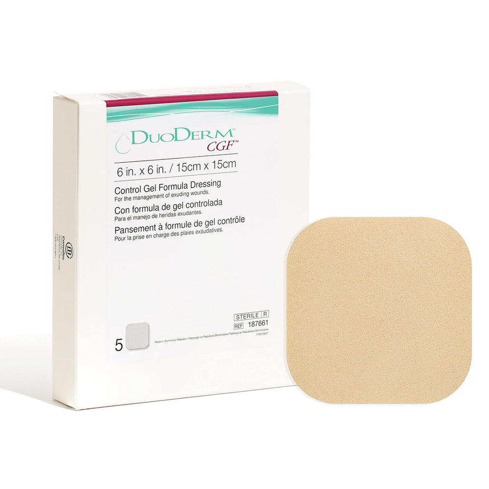 ConvaTec DuoDERM Control 6x6 package shows waterproof, moisture-retaining dressing.