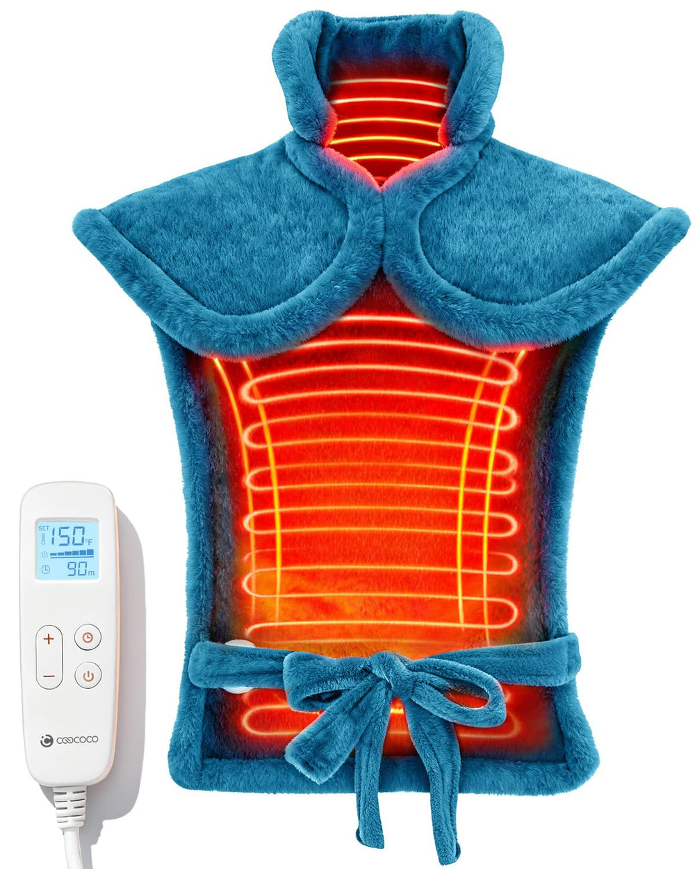 CooCoCo heating pad on back delivers targeted warmth for relief.